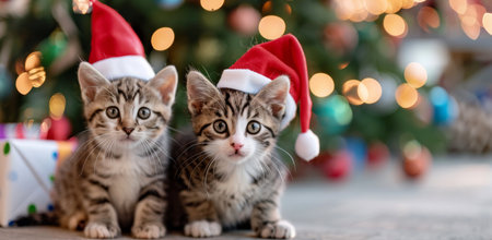 Two cute bengal kittens in red santa claus hats sitting on the floor near the christmas treeの写真素材