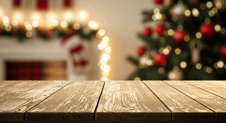 Empty wooden table for product display montages with christmas tree in backgroundの写真素材