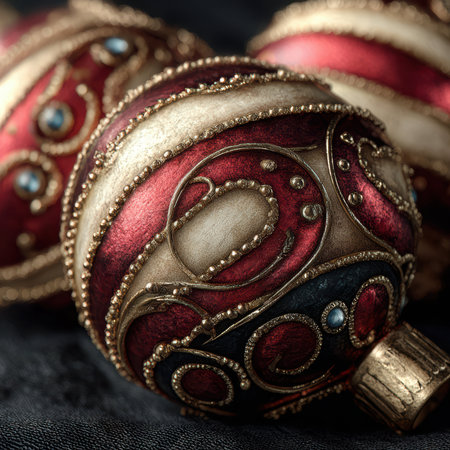 Close up of christmas ornaments on a dark background.の写真素材