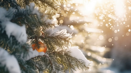 Background with snow covered fir tree branches and blurred bokeh lightsの写真素材