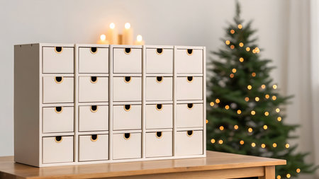 White chest of drawers on table in room decorated with Christmas treeの写真素材