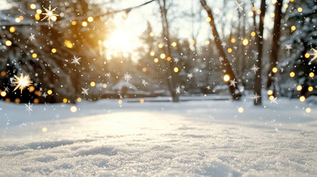 Winter landscape with snow and bokeh effect. Christmas background.の写真素材