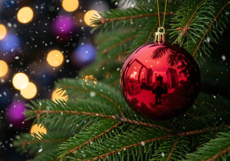 Christmas tree with red bauble on bokeh background, close upの写真素材