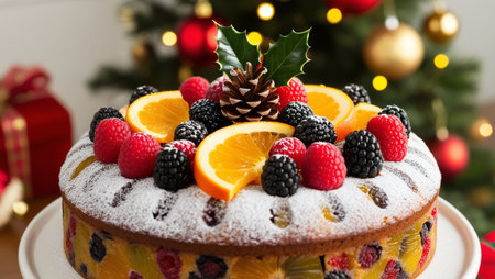 Christmas cake with berries and christmas tree on background, closeupの写真素材