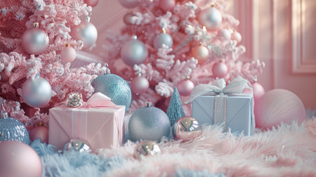 Christmas background with Christmas tree, gifts and decorations in pastel colorsの写真素材