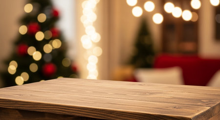 Wooden table in front of blurred living room with christmas treeの写真素材
