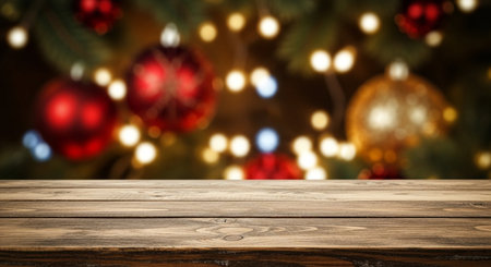 Wooden table against defocused christmas tree with red baublesの写真素材