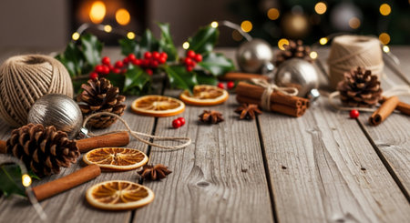 Christmas decoration on wooden background. Selective focus. Holiday concept.の写真素材