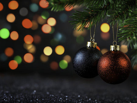 Christmas and New Year holidays background. Christmas tree branch with balls on bokeh background.の写真素材
