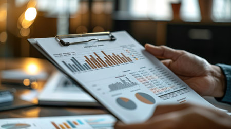 A hand holds a clipboard with various business graphs and charts in an office setting.