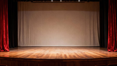 A dimly lit empty stage with red curtains and a spotlight shining on the wooden floor