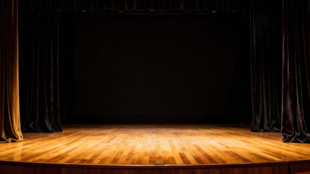 A dimly lit stage with a spotlight shining on the wooden floor and dark curtains on either side.