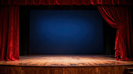 A dimly lit stage with red curtains and a spotlight shining on the wooden floor