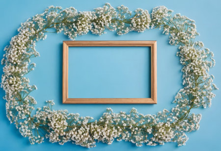 A delicate floral wreath encircles a blank wooden picture frame on a solid blue surface