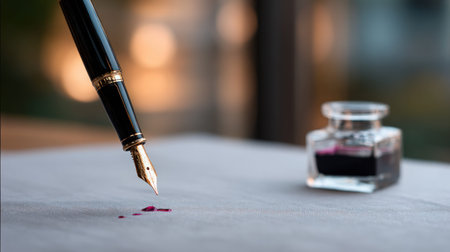 Close-up of a fountain pen writing on paper with an inkwell on the side