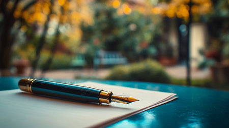 A blue pen with gold accents lies on a piece of paper outdoors