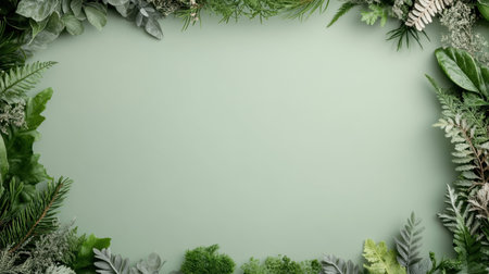 A border frame of various green plants and ferns on a gray background