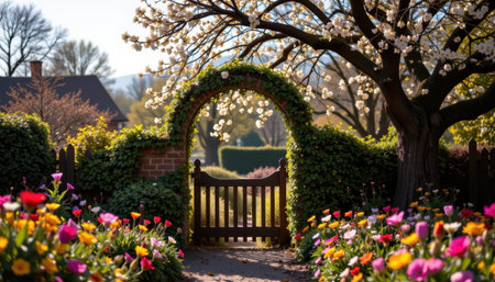 A wooden gate with an arched top covered in greenery leads to a garden filled with vibrant flowers and a blooming tree.