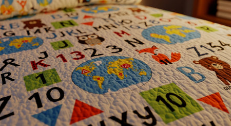A close-up view of a quilt with colorful alphabet letters, numbers, and shapes on a bed