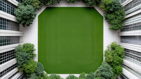 Overhead shot of a lush green rooftop garden nestled between two modern buildings