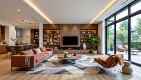 A spacious modern living room with a brown sofa, coffee table, and large windows