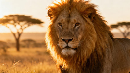 A male lion with a thick mane stands in a savannah, looking forward at sunset