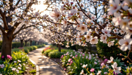 A serene garden path lined with blooming cherry blossom trees and colorful flowers on a sunny day.
