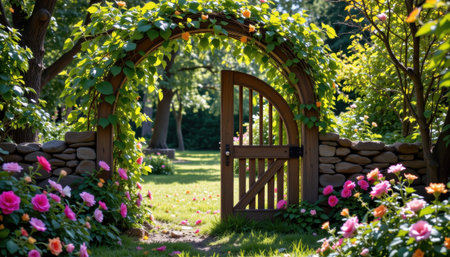A wooden gate with a floral archway leads to a garden pathway surrounded by vibrant flowers and lush greenery.