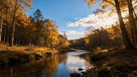 A tranquil river flows through a vibrant autumn forest with golden leaves and a clear blue sky.