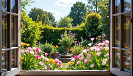 A serene garden scene viewed through an open window, featuring a variety of tulips and greenery