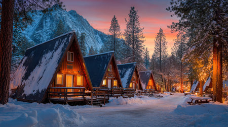 Cozy A-frame cabins with lit windows in a snowy forest at sunset
