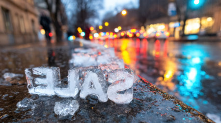 A frozen street sign lies on a wet pavement with colorful lights reflecting in the background