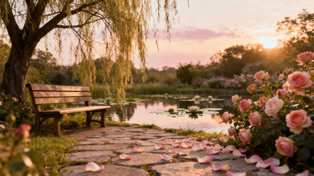 A peaceful stone path lined with pink roses and a wooden bench under a willow tree by a pond at sunset