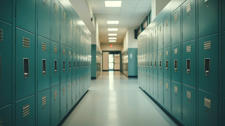 A long corridor with rows of blue metal lockers on either side