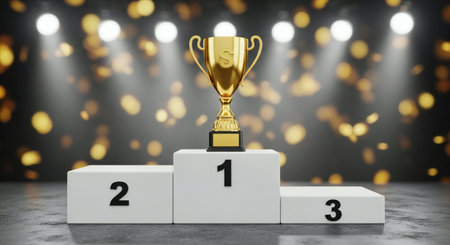 A golden trophy sits atop a white winner podium with spotlights shining down