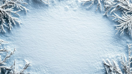 Snow covered ground with frosty trees in the corners