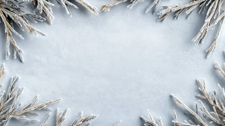 Frosted pine branches form a border on snowy ground in a serene winter scene