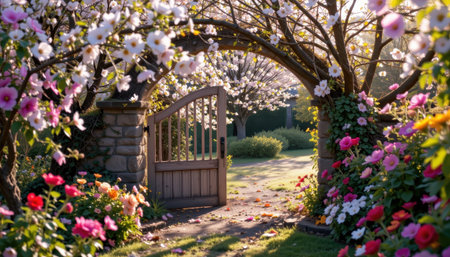 A serene garden entrance with a wooden gate under a blooming archway, surrounded by vibrant flowers and lush greenery on a sunny day.