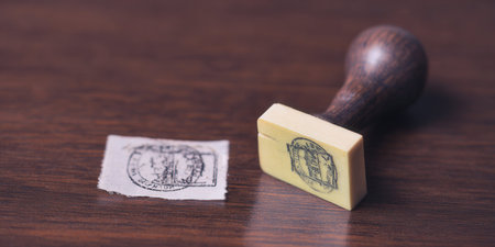 A rubber stamp and a stamped paper on a dark wooden surface