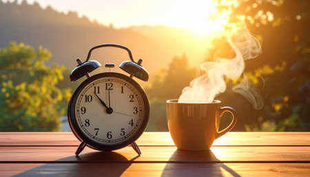 An alarm clock and steaming coffee cup sit on a wooden table at sunrise