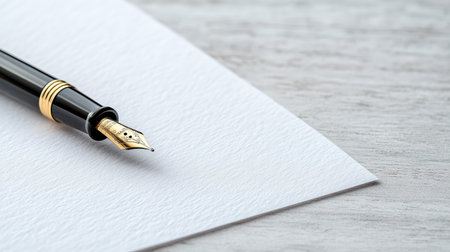 A black fountain pen with gold accents lies on a sheet of white paper