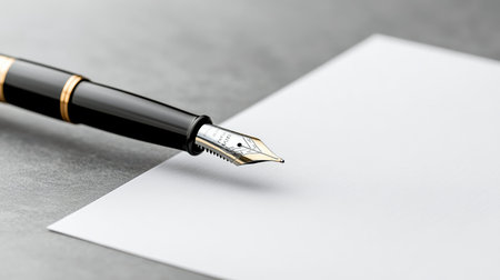 A close-up view of a fountain pen nib on a blank white paper