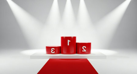 Red blocks with white letters on a stage with spotlight