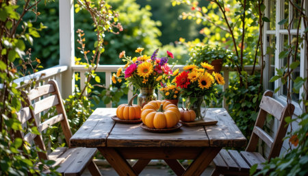 A rustic wooden table with pumpkins and a vase of colorful flowers on a sunny patio