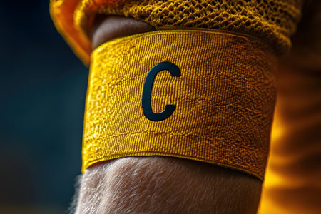 A person's hairy arm wearing a yellow sweatband with a black letter C