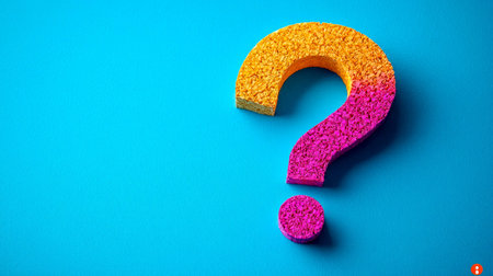A large question mark made of small colorful dots on a solid blue surface