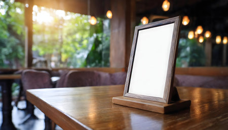 A blank menu board on a wooden table in a restaurant with a blurred background of chairs and lights