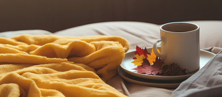 A warm cup on a plate with autumn leaves next to a yellow blanket on a bed