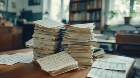 A stack of old papers and documents on a wooden desk in a library setting