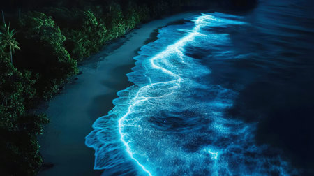 Aerial view of glowing blue waves washing over a dark sandy beach
